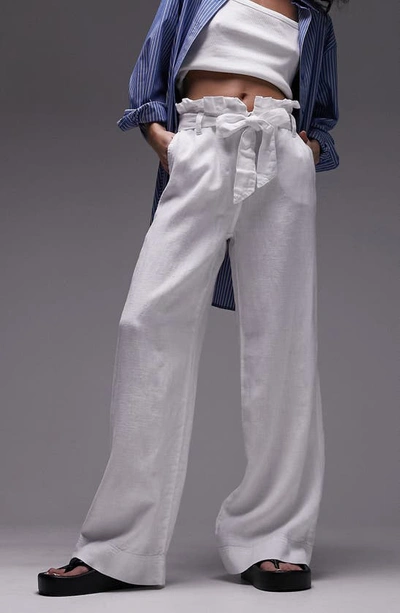 Topshop Paperbag Waist Linen Wide Leg Trousers In White