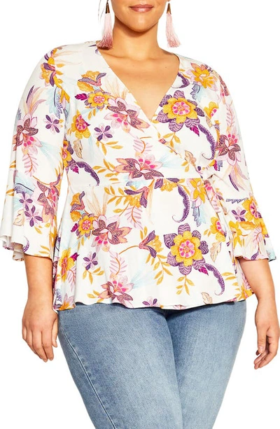 City Chic Island Floral Print Faux Wrap Top In Malibu Sunsets
