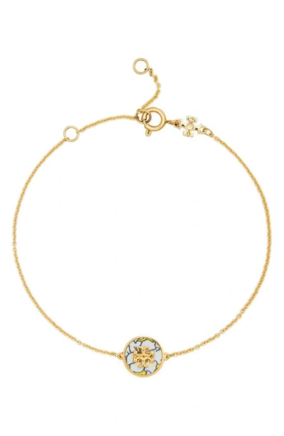 Tory Burch Kira Enamel Floral Pendant Chain Bracelet In Gold
