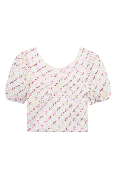 Habitual Kids' Puff Sleeve Broderie Anglaise Cotton Top In White Multi