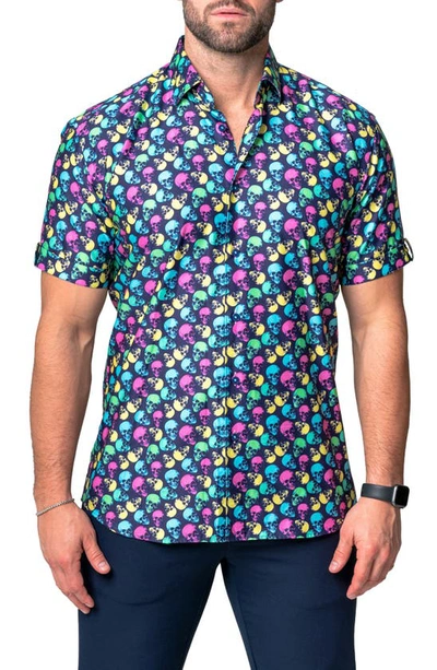 Maceoo Galileo Skull Regular Fit Short Sleeve Button-up Shirt In Blue