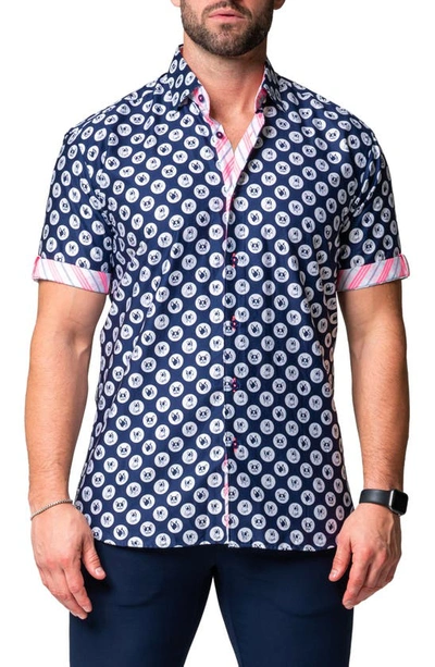 Maceoo Galileo Dogdot Blue Stretch Short Sleeve Button-up Shirt
