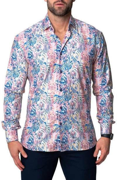 Maceoo Fibonacci Lion Regular Fit Cotton Blend Button-up Shirt In Pink Multi