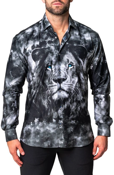 Maceoo Fibonacci Lionthoughts Cotton Button-up Shirt In Black
