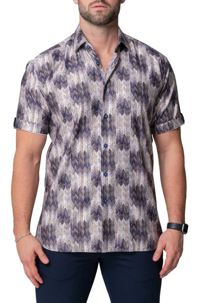 Maceoo Galileo Puddle Brown Stretch Short Sleeve Button-up Shirt