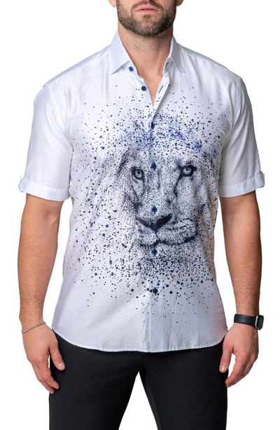 Maceoo Galileo Liondissolve Short Sleeve Contemporary Fit Button-up Shirt In White