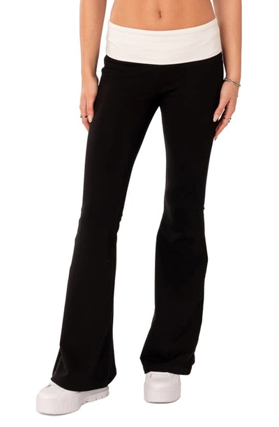 Edikted Foldover Contrast Waist Flare Stretch Cotton Leggings In Black-and-white