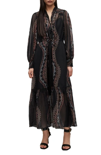 Allsaints Nisha Leticia Embroidered Long Sleeve Cotton & Silk Maxi Dress In Black White