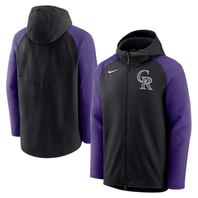 Nike Men's  Black, Purple Colorado Rockies Authentic Collection Performance Raglan Full-zip Hoodie In Black,purple