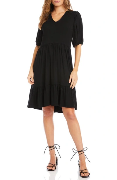 Karen Kane Tiered Puff Sleeve A-line Dress In Black