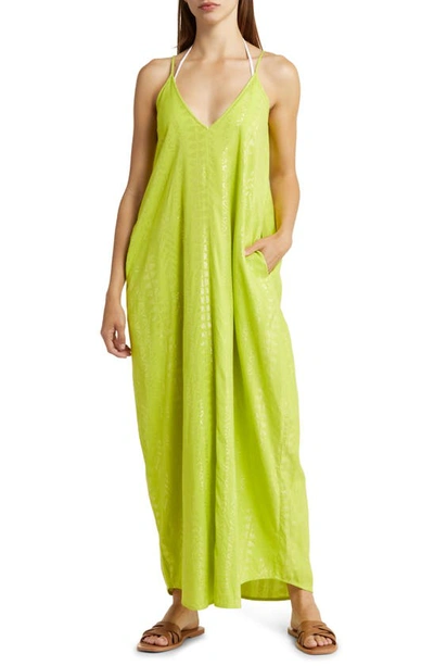 Elan Cover-up Maxi Slipdress In Lime/ Gold
