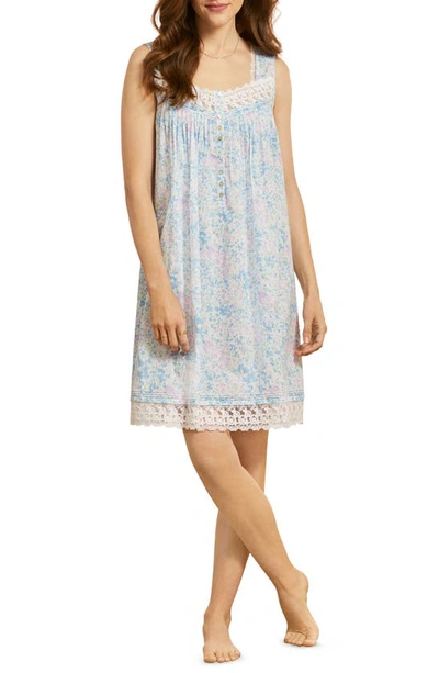 Eileen West Floral Print Lace Trim Cotton Lawn Chemise In White/ Teal Watercolor