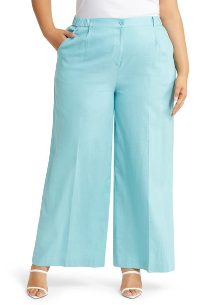 Open Edit Linen Blend Wide Leg Pants In Teal Shore