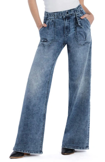 Hint Of Blu Mighty Belted High Waist Wide Leg Jeans In Blue Stream