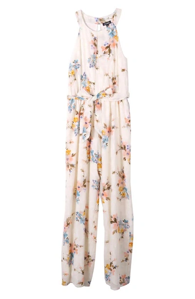 Zunie Kids' Floral Burnout Chiffon Jumpsuit In Ivory/ Yellow