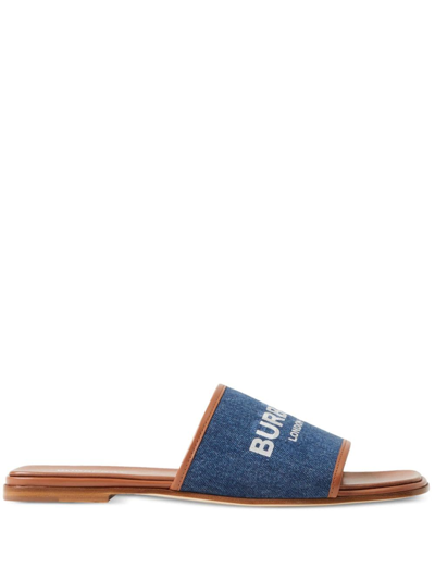 Burberry Carolyn Denim Logo Flat Slide Sandals In New