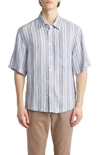 Nn07 Hans 5220 Stripe Short Sleeve Linen Button-up Shirt In Neutrals