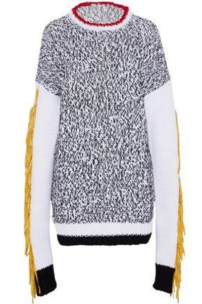 Joseph Woman Oversized Fringed Felt-trimmed Intarsia Cotton-blend Sweater White