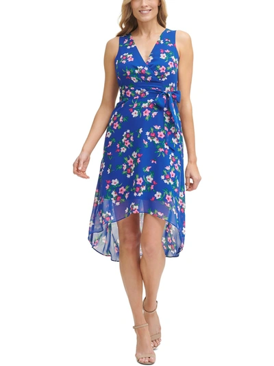 Jessica Howard Petites Womens Chiffon Printed Midi Dress In Blue