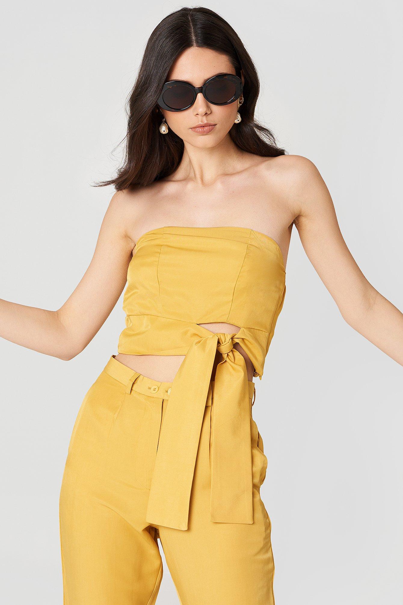 yellow strapless crop top