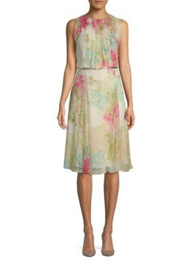Max Mara Condor Belted Floral Silk Dress In Ivory