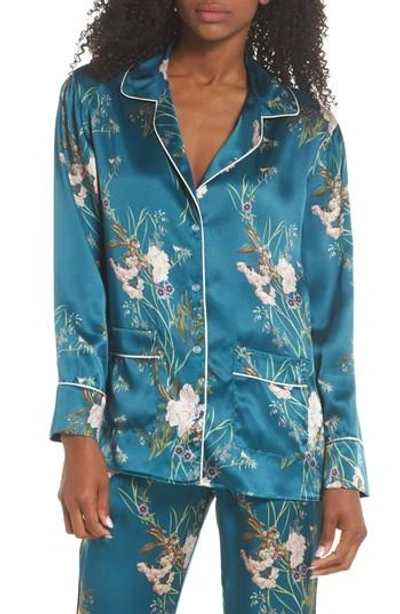 Maison Du Soir Jenny Silk Pajama Top In Teal Floral