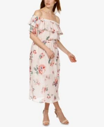 Lucky Brand Off-the-shoulder Flounce Midi Dress In Pink Multi
