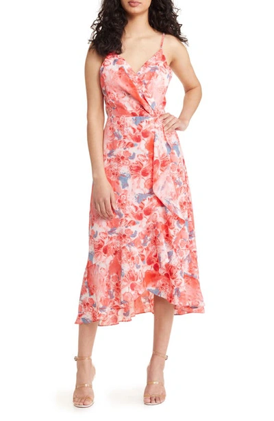 Chelsea28 Faux Wrap Floral Midi Dress In Pink Multi Floral