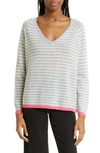 Jumper 1234 Little Stripe V-neck Cashmere Sweater In Silver Neon Pink