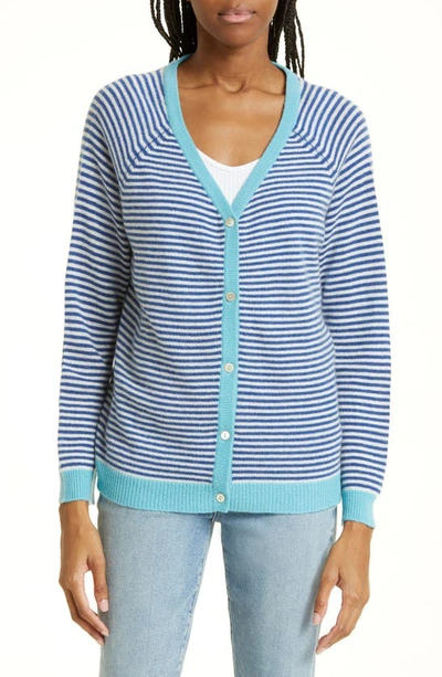 Jumper 1234 Little Stripe Cashmere Cardigan In Denim Cream