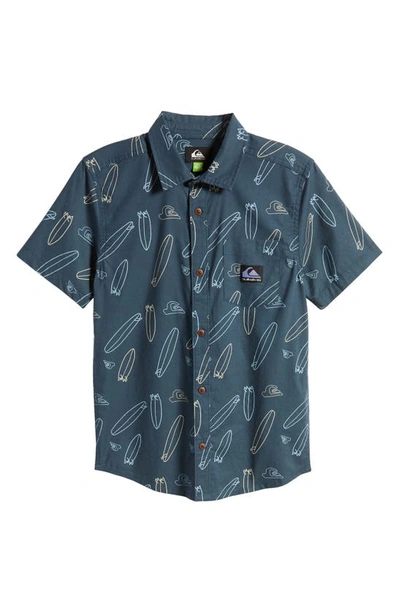 Quiksilver Kids' Where Is My Board Short Sleeve Organic Cotton Button-up Shirt In Midnight Navy