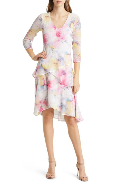 Komarov Tie Dye Tiered Chiffon Dress In Pink Dream