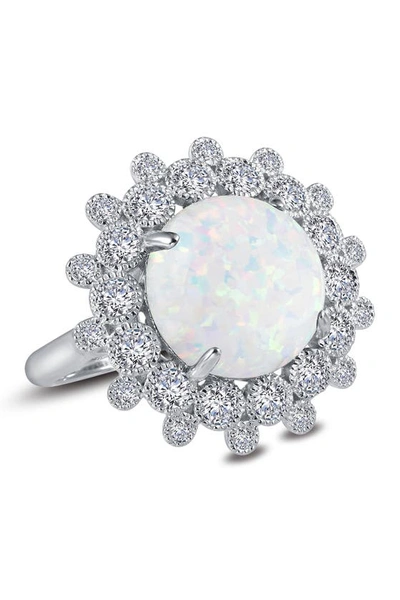 Lafonn Platinum Plated Sterling Silver Simulated Diamond & Simulated Opal Art Deco Ring In Metallic