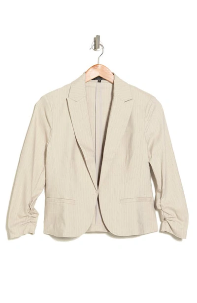 Amanda & Chelsea Pinstripe Ruched 3/4 Sleeve Blazer In Stone/ White