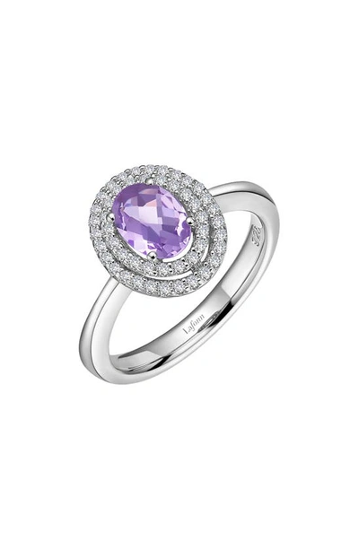 Lafonn Platinum Bonded Sterling Silver Oval Cut Amethyst Double Halo Ring In Metallic