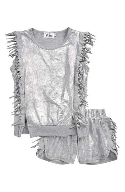 Lola & The Boys Kids' Lola + The Boys Metallic Fringe Top & Shorts Set In Silver