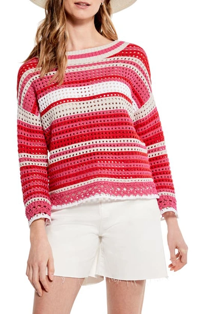 Nic + Zoe Stripe Crochet Sweater In Red