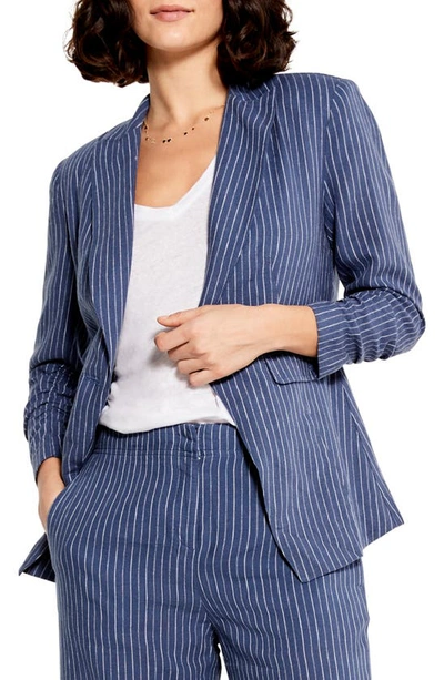 Nic + Zoe Central Park Stripe Organic Linen Blend Blazer In Blue