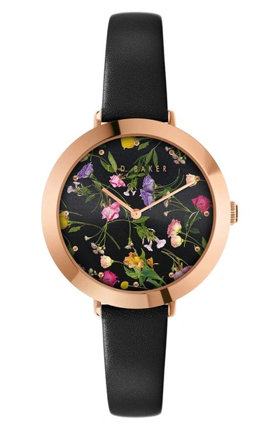 Ted Baker Ammy Floral Leather Strap Watch, 34mm In Black