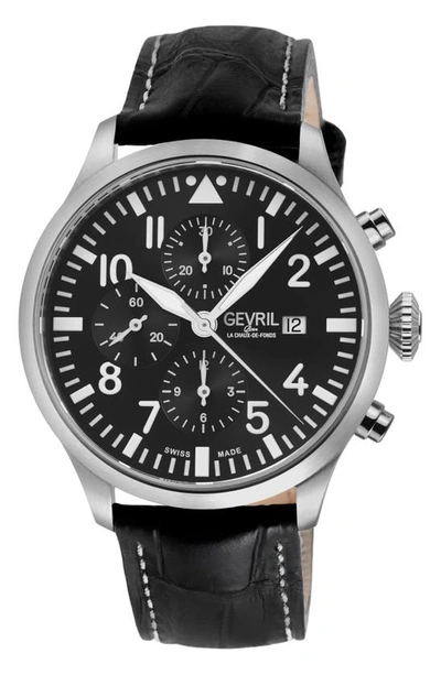 Gevril Vaughn Automatic Chronograph Leather Strap Watch, 44mm In Black