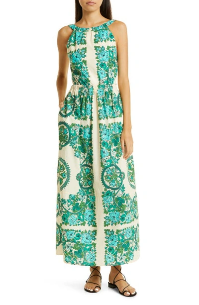 Cara Cara Colomba Sleeveless Open Tie-back Maxi Dress In Teal Floral Topiary