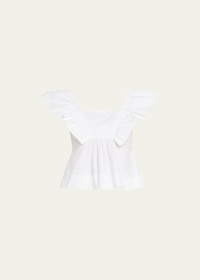 Ganni Ruffle Cotton Poplin Blouse In White