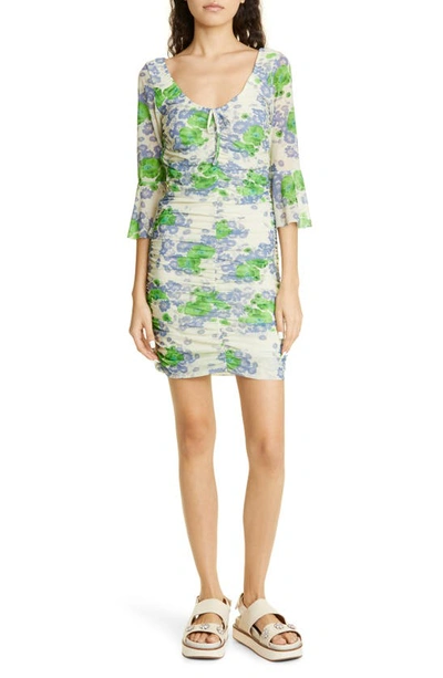Ganni Short Sleeve Printed Mesh U-neck Ruched Mini Dress In Egret