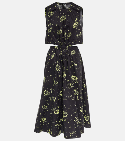 Proenza Schouler Printed Cutout Cotton Maxi Dress In 385 Black/lime