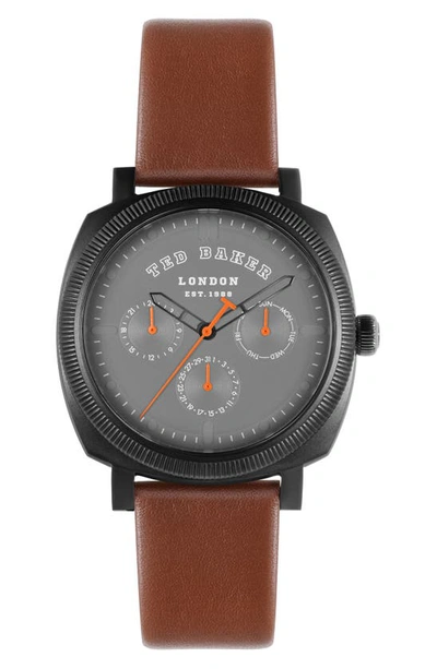 Ted Baker Caine Multifunction Leather Strap Watch, 42mm In Brown
