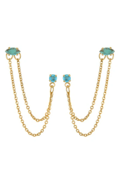 Ettika Double Piercing Chain Drop Earrings In Blue/gold