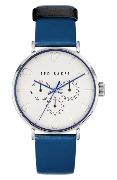 Ted Baker London Phylipa Gents Multifunction Leather Strap Watch, 41mm In Blue