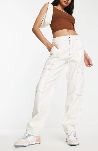 Asos Design Seam Detail Cargo Pants In Ecru With Contrast Stitch-white