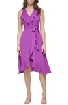Kensie Ruffle Trim Faux Wrap Dress In Purple