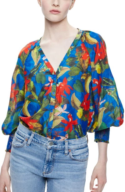 Alice And Olivia Lang Gathered Floral-print Cotton And Silk-blend Voile Shirt In Blue